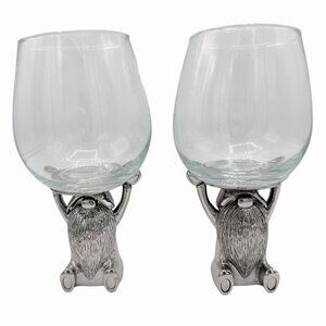 NWT ADORABLE SET OF 2 SILVER METAL GNOME BASE WINE GLASSES - TMD HOLDINGS